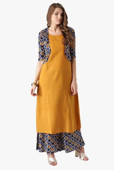 Libas Mustard & Navy Cotton Kurta, Jacket With Palazzo Libas Mustard & Navy Cotton Kurta, Jacket With Palazzo