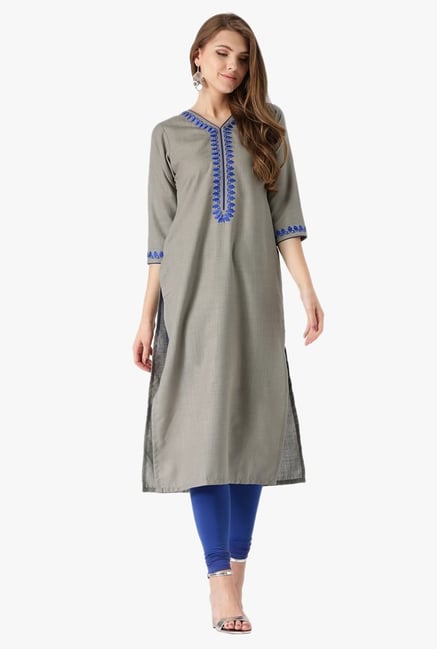 Libas Grey Embroidered Cotton Straight Kurta Libas Grey Embroidered Cotton Straight Kurta