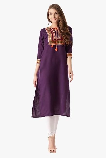 Libas Purple Embroidered Cotton Straight Kurta Libas Purple Embroidered Cotton Straight Kurta