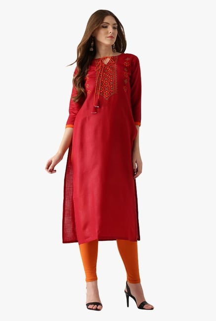 Libas Red Embroidered Cotton Straight Kurta Libas Red Embroidered Cotton Straight Kurta