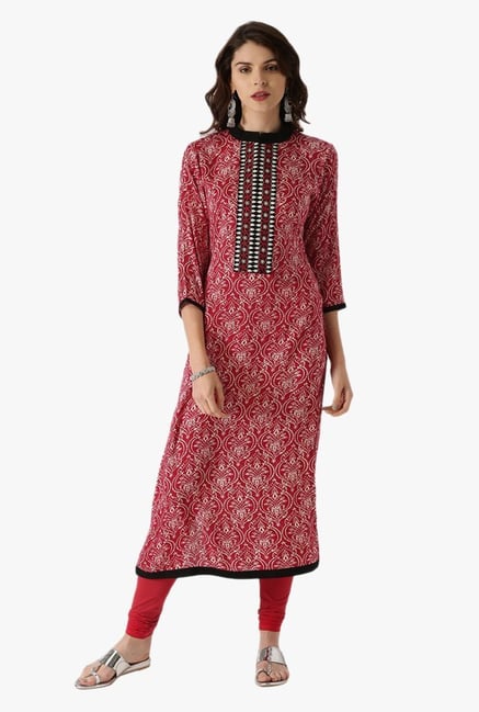 Libas Red Floral Print Rayon Straight Kurta Libas Red Floral Print Rayon Straight Kurta
