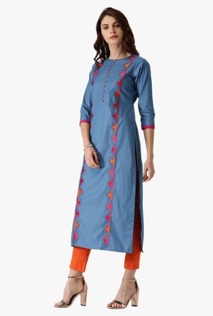 Libas Blue Embroidered Cotton Denim Kurta Libas Blue Embroidered Cotton Denim Kurta