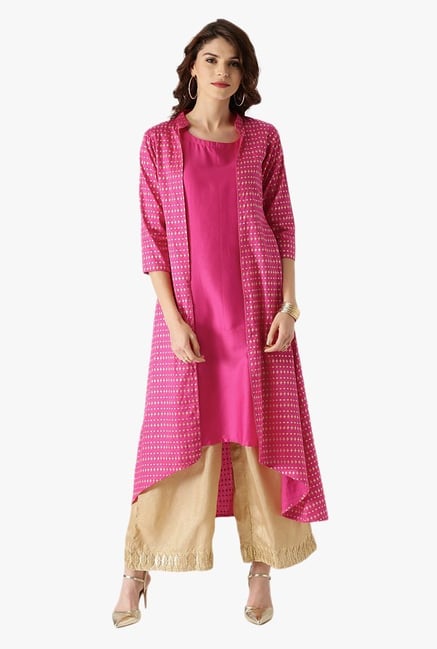 Libas Pink Printed Cotton Kurta With Jacket Libas Pink Printed Cotton Kurta With Jacket