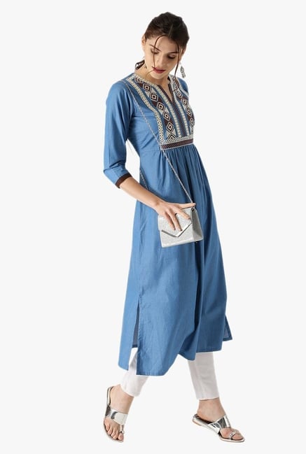 Libas Blue Embroidered Cotton Denim Kurta Libas Blue Embroidered Cotton Denim Kurta