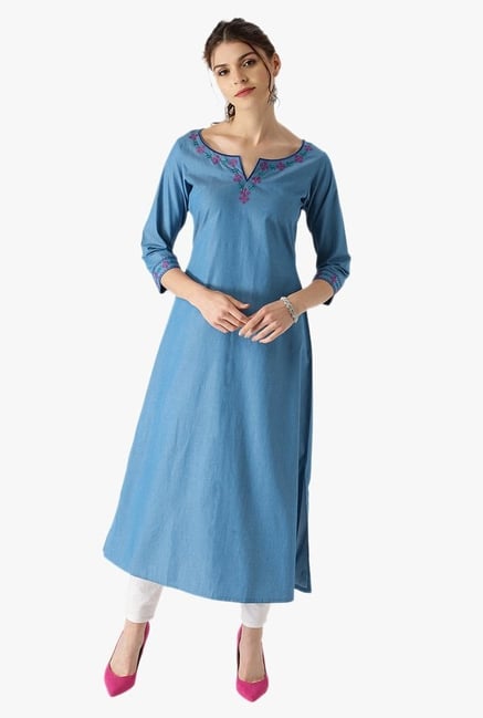 Libas Blue Embroidered Cotton Denim Kurta Libas Blue Embroidered Cotton Denim Kurta