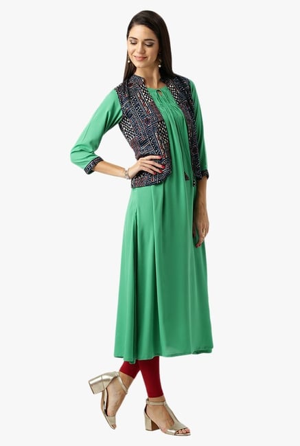 Libas Green Printed Polyester Kurta Libas Green Printed Polyester Kurta