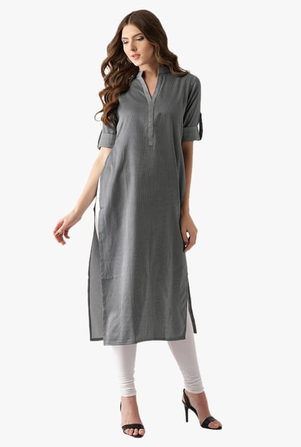 Libas Black & White Striped Cotton Straight Kurta Libas Black & White Striped Cotton Straight Kurta