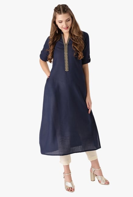 Libas Navy Embroidered Cotton A-Line Kurta Libas Navy Embroidered Cotton A-Line Kurta