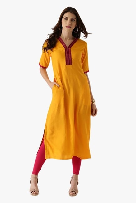 Libas Yellow Embroidered Rayon Kurta Libas Yellow Embroidered Rayon Kurta
