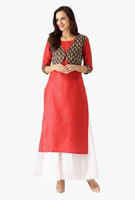 Libas Red & Brown Printed Cotton Kurta With Jacket Libas Red & Brown Printed Cotton Kurta With Jacket