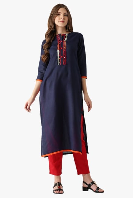 Libas Navy Textured Cotton Straight Kurta Libas Navy Textured Cotton Straight Kurta