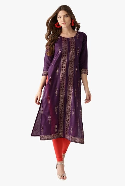 Libas Purple Printed Cotton Straight Kurta Libas Purple Printed Cotton Straight Kurta
