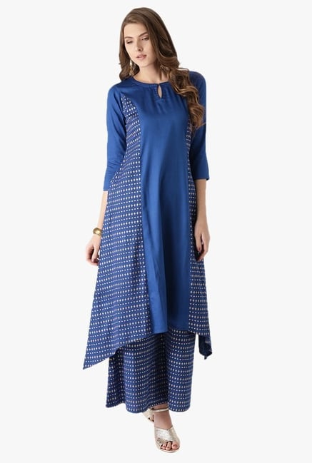 Libas Blue Printed Cotton Kurta With Palazzo Libas Blue Printed Cotton Kurta With Palazzo