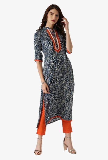 Libas Navy Printed Rayon Straight Kurta Libas Navy Printed Rayon Straight Kurta