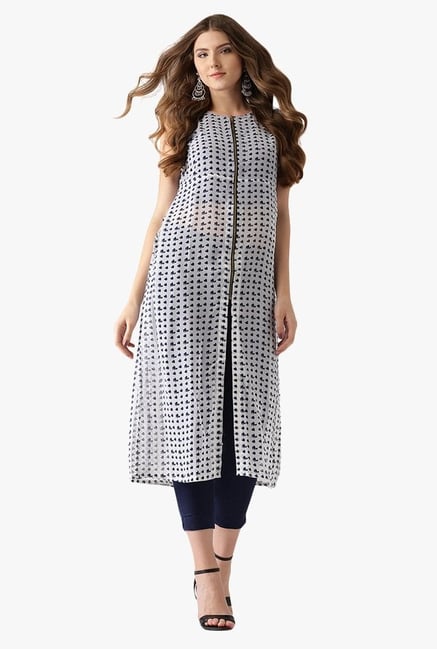 Libas Off White & Navy Printed Polyester A-Line Kurta Libas Off White & Navy Printed Polyester A-Line Kurta
