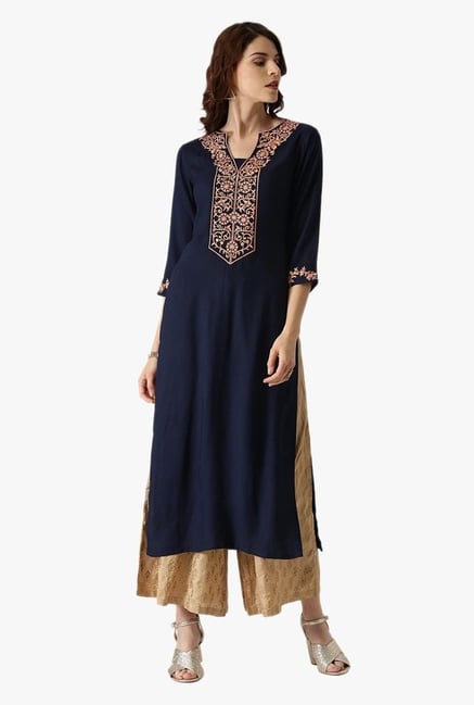 Libas Navy Embroidered Rayon Kurta Libas Navy Embroidered Rayon Kurta