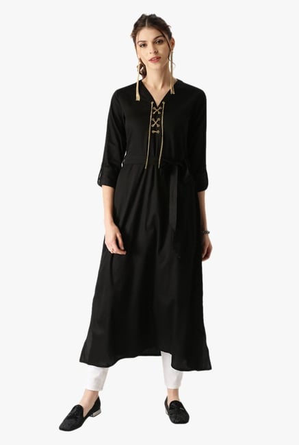 Libas Black Regular Fit Cotton A Line Kurta Libas Black Regular Fit Cotton A Line Kurta