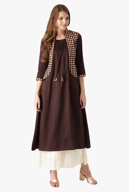 Libas Brown Printed Cotton Kurta With Jacket Libas Brown Printed Cotton Kurta With Jacket