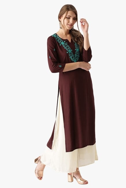 Libas Brown Embroidered Rayon Straight Kurta Libas Brown Embroidered Rayon Straight Kurta