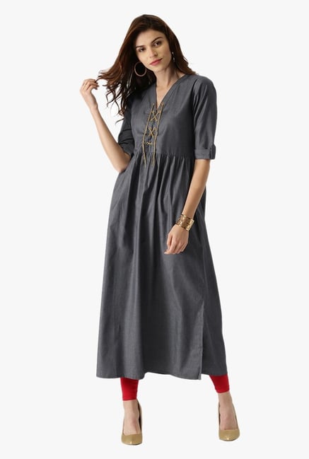 Libas Grey Textured Cotton Denim Kurta Libas Grey Textured Cotton Denim Kurta
