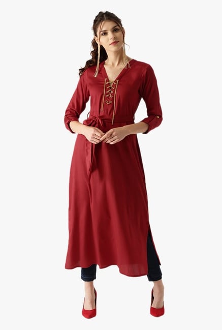 Libas Red Regular Fit Cotton A Line Kurta Libas Red Regular Fit Cotton A Line Kurta