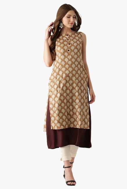 Libas Beige Printed Cotton A-Line Kurta Libas Beige Printed Cotton A-Line Kurta