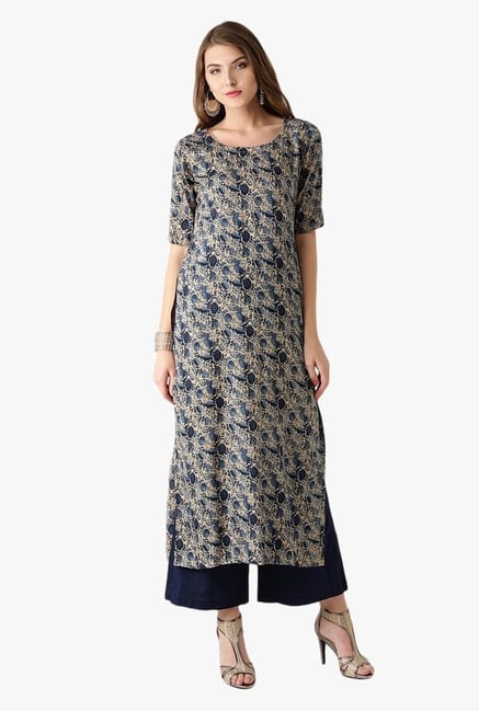 Libas Beige & Navy Printed Cotton Kurta With Jacket Libas Beige & Navy Printed Cotton Kurta With Jacket