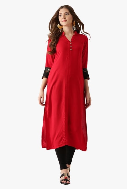 Libas Red Regular Fit Rayon Straight Kurta Libas Red Regular Fit Rayon Straight Kurta