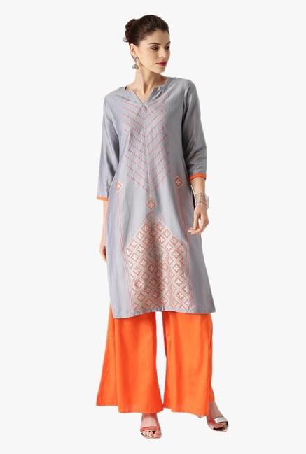 Libas Grey & Orange Printed Cotton Kurta With Palazzo Libas Grey & Orange Printed Cotton Kurta With Palazzo