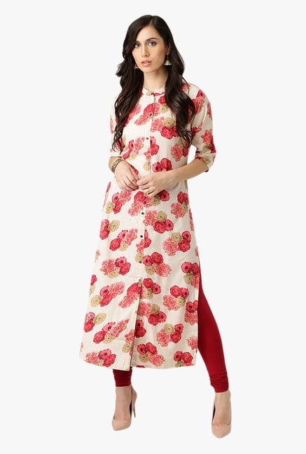 Libas Off White & Red Floral Print Polyester Kurta Libas Off White & Red Floral Print Polyester Kurta