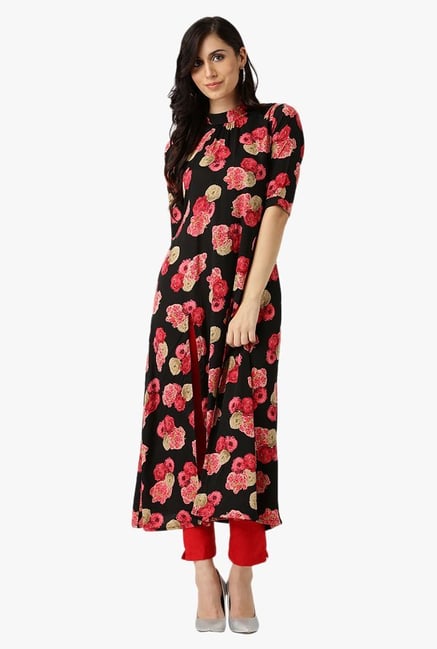 Libas Black & Red Floral Print Polyester Kurta Libas Black & Red Floral Print Polyester Kurta