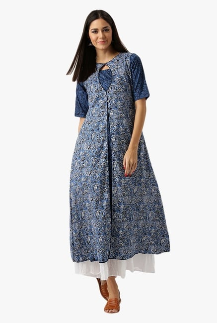 Libas Blue Printed Cotton Kurta With Jacket Libas Blue Printed Cotton Kurta With Jacket