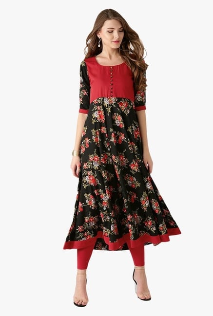 Libas Black & Red Floral Print Polyester Kurta Libas Black & Red Floral Print Polyester Kurta
