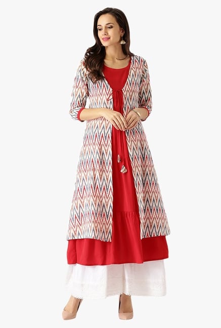Libas Red & Off White Printed Cotton Kurta With Jacket Libas Red & Off White Printed Cotton Kurta With Jacket