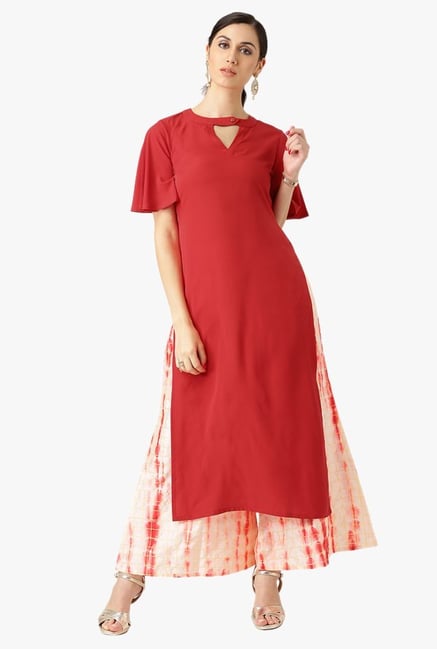 Libas Red & Off White Crepe Kurta With Printed Palazzo Libas Red & Off White Crepe Kurta With Printed Palazzo