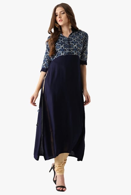 Libas Navy Printed Rayon A-Line Kurta Libas Navy Printed Rayon A-Line Kurta