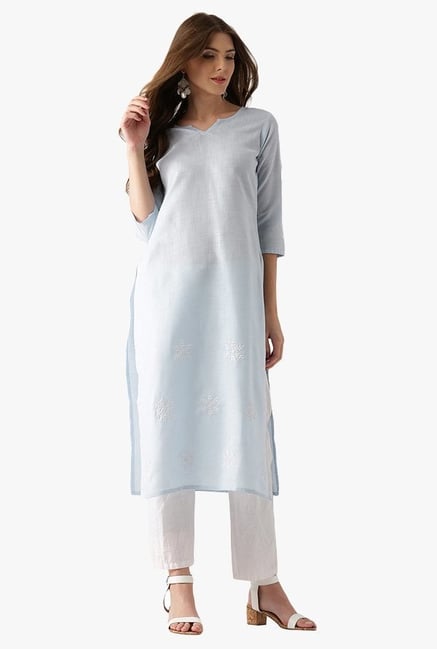Libas Light Blue Embroidered Cotton Straight Kurta Libas Light Blue Embroidered Cotton Straight Kurta