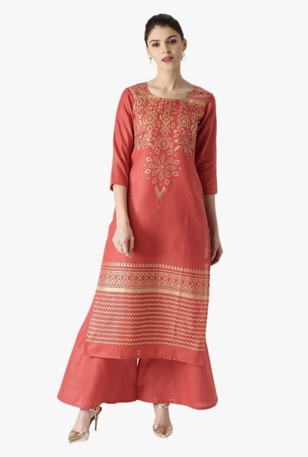 Libas Rust Printed Cotton Kurta With Palazzo Libas Rust Printed Cotton Kurta With Palazzo