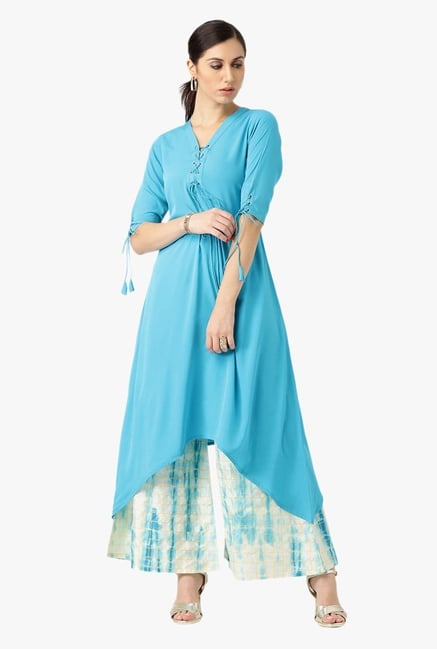 Libas Blue & Off White Crepe Kurta With Printed Palazzo Libas Blue & Off White Crepe Kurta With Printed Palazzo