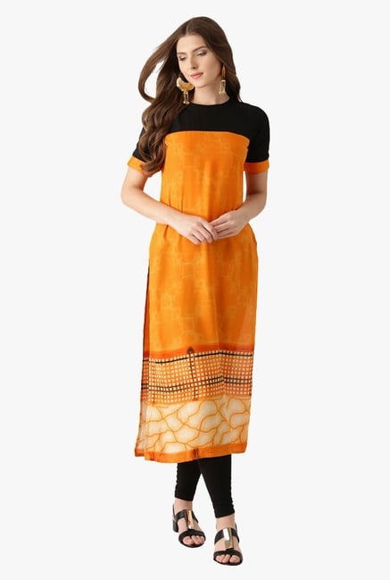 Libas Orange Printed Rayon Straight Kurta Libas Orange Printed Rayon Straight Kurta