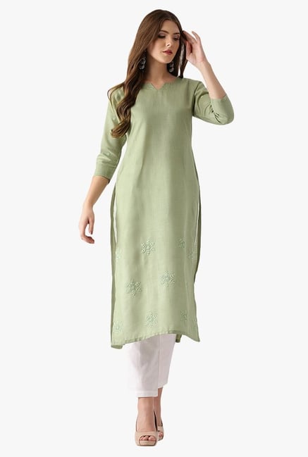 Libas Green Embroidered Cotton Straight Kurta Libas Green Embroidered Cotton Straight Kurta
