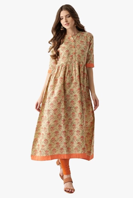 Libas Beige Printed Cotton Anarkali Kurta Libas Beige Printed Cotton Anarkali Kurta