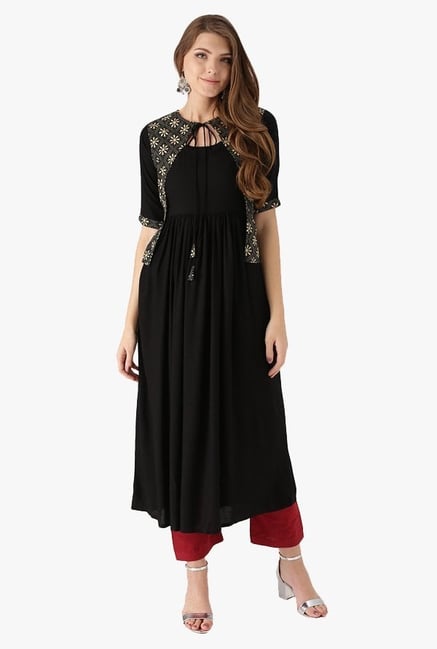 Libas Black Printed Rayon Anarkali Kurta With Jacket Libas Black Printed Rayon Anarkali Kurta With Jacket