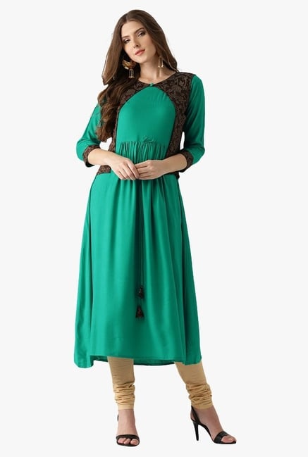 Libas Green Printed Rayon Anarkali Kurta With Jacket Libas Green Printed Rayon Anarkali Kurta With Jacket