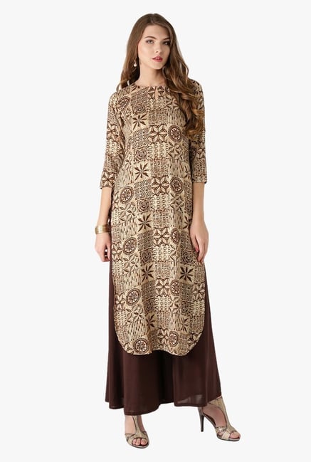 Libas Beige & Brown Printed Rayon Kurta Libas Beige & Brown Printed Rayon Kurta