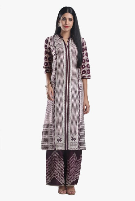 W Wine & Off White Printed Cotton Kurta W Wine & Off White Printed Cotton Kurta
