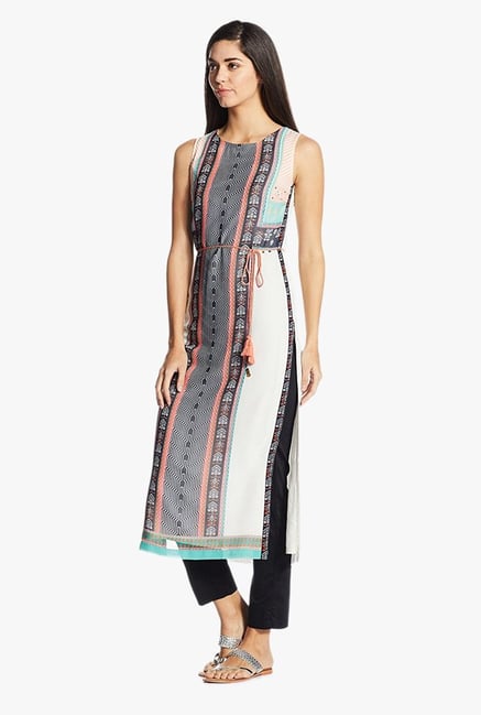 W White & Black Printed Polyester Kurta W White & Black Printed Polyester Kurta