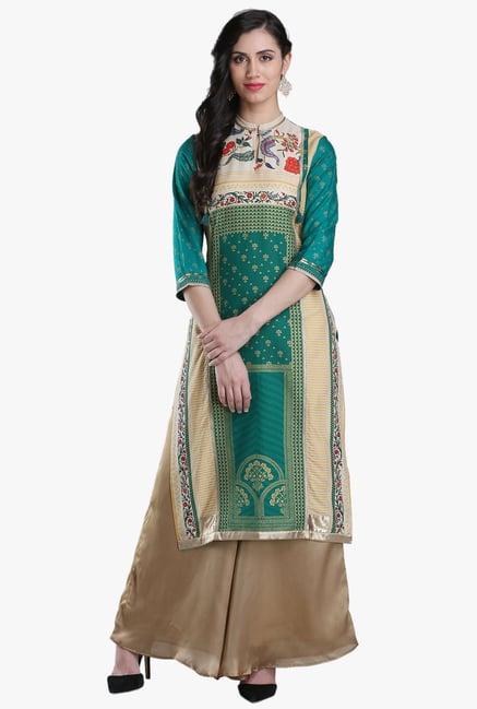 W Teal & Beige Printed Viscose Kurta W Teal & Beige Printed Viscose Kurta