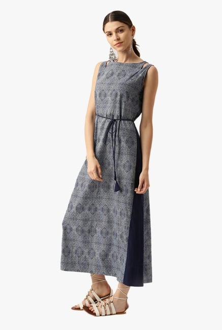 Desi Fusion Navy Printed Cotton A-Line Dress Desi Fusion Navy Printed Cotton A-Line Dress