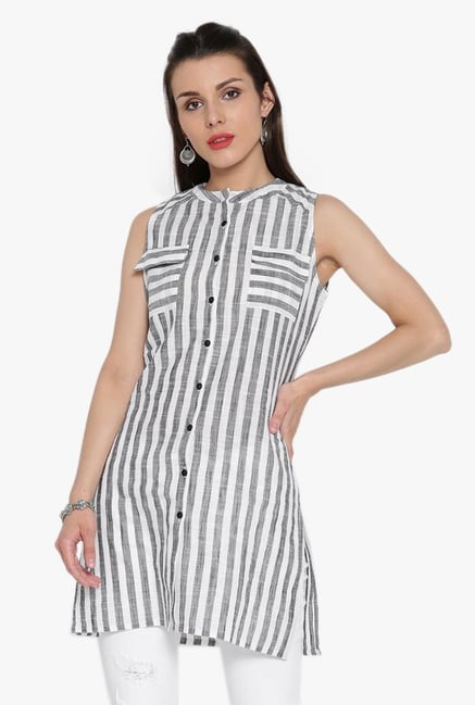 Desi Fusion Grey & White Striped Cotton Top Desi Fusion Grey & White Striped Cotton Top